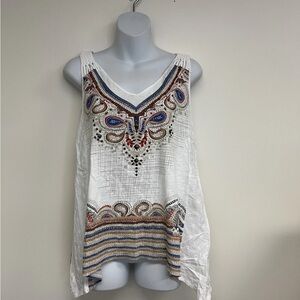 Style & Co Cotton Boho Embroidered White Sleeveless Top Sz Petite Lrg